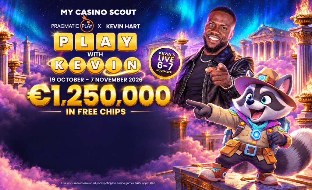 Pragmatic Play Play with Kevin campaign featuring Kevin Hart and Scouty, with the official white My Casino Scout wordmark.