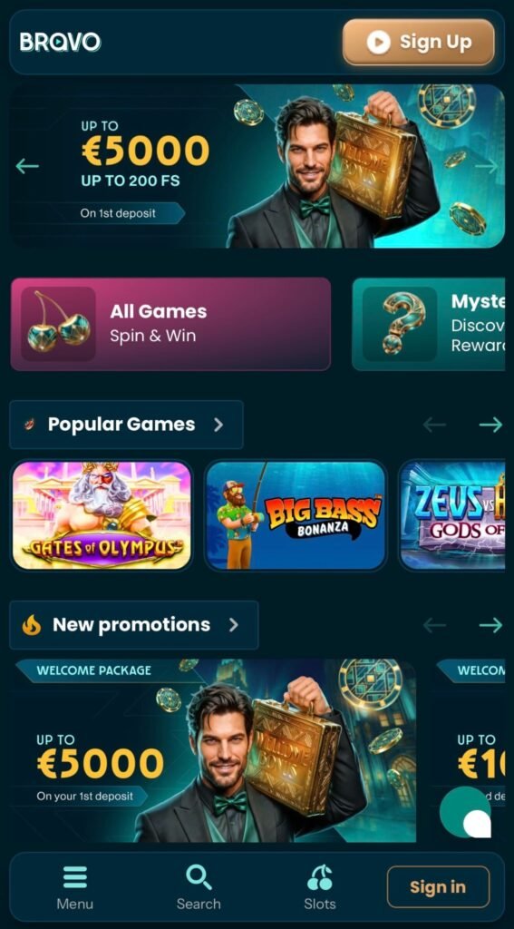 BravoPlay Casino mobile homepage showing the BRAVO logo, welcome offer, popular games and promotions