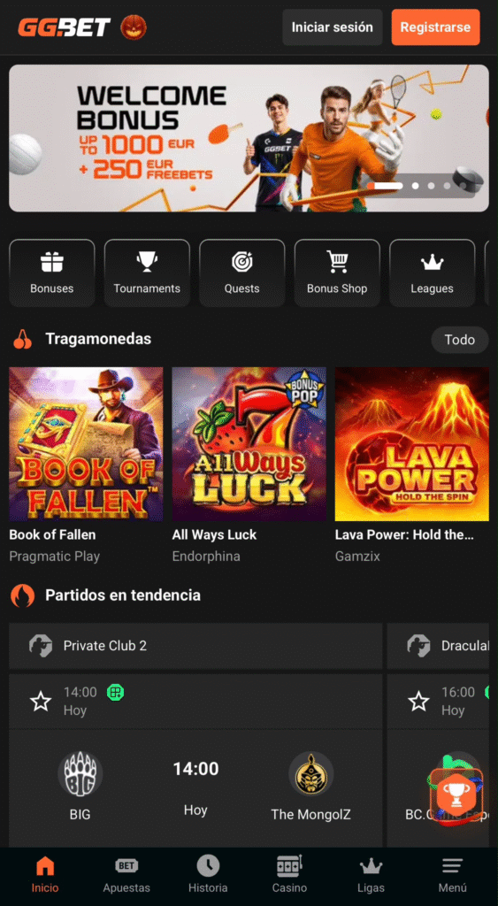 GG.BET mobile homepage showing casino games, bonuses and esports
